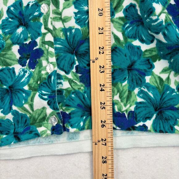 Laura Scott Cardigan Sweater Size M Blue Green Floral Button Up Stretch Knit - Picture 9 of 11